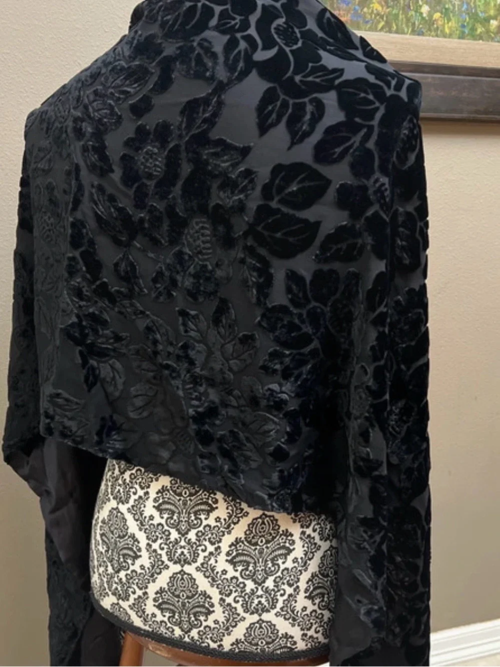 Black Velvet Floral Fringe Shawl